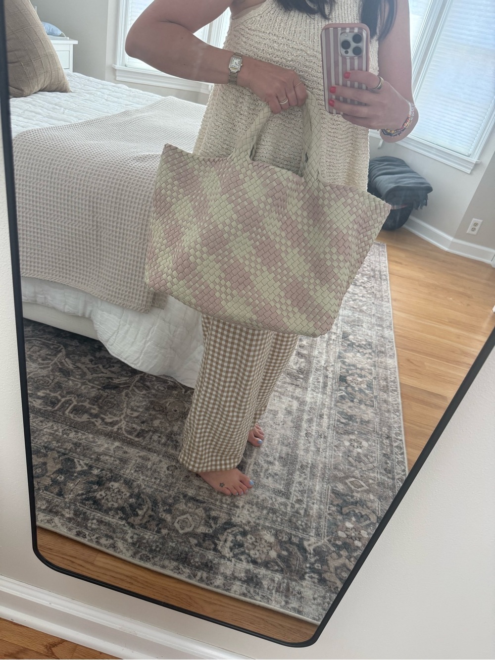 Naghedi Large St. Barthes Tote- Pink & Cream Checked - Picture 2 of 5